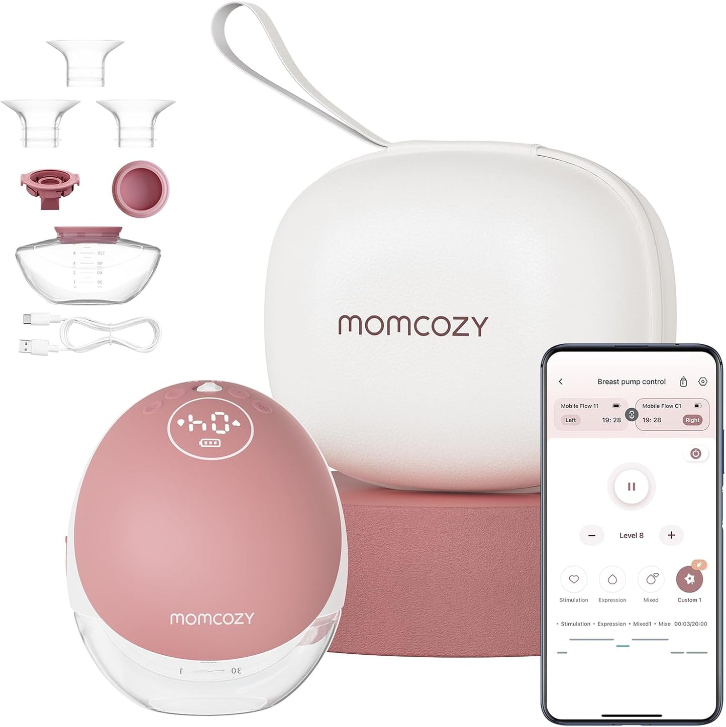 Momcozy Breast Pump Hands Free Upgraded Mobile Flow | M9. App Discreet Control with Personalized Multi-Modes & 15 Levels. Wearable Breast Pump 24mm. 2 Pack Cozy Red