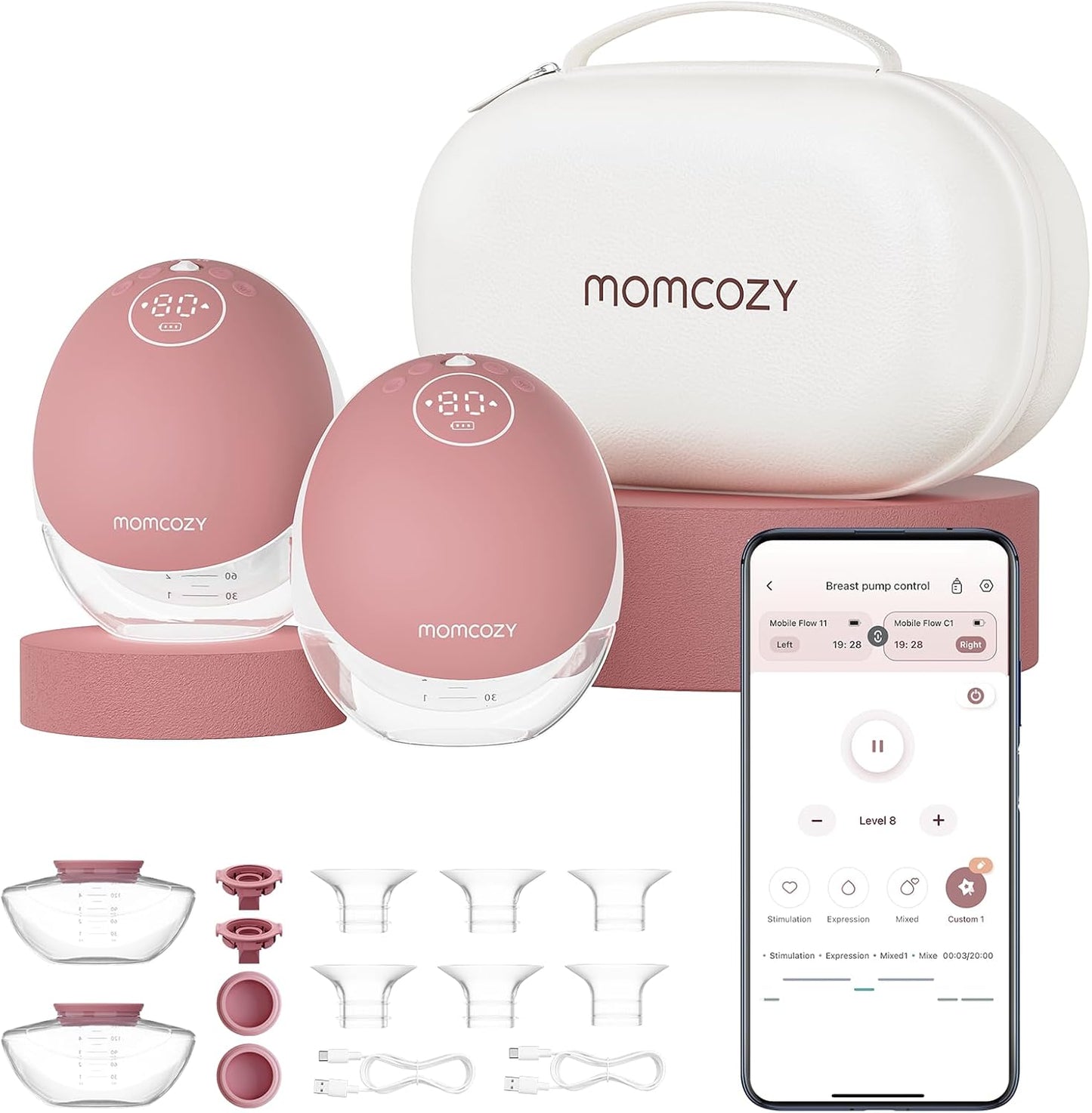 Momcozy Breast Pump Hands Free Upgraded Mobile Flow | M9. App Discreet Control with Personalized Multi-Modes & 15 Levels. Wearable Breast Pump 24mm. 2 Pack Cozy Red
