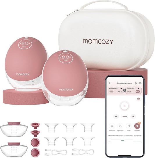 Momcozy Breast Pump Hands Free Upgraded Mobile Flow | M9. App Discreet Control with Personalized Multi-Modes & 15 Levels. Wearable Breast Pump 24mm. 2 Pack Cozy Red