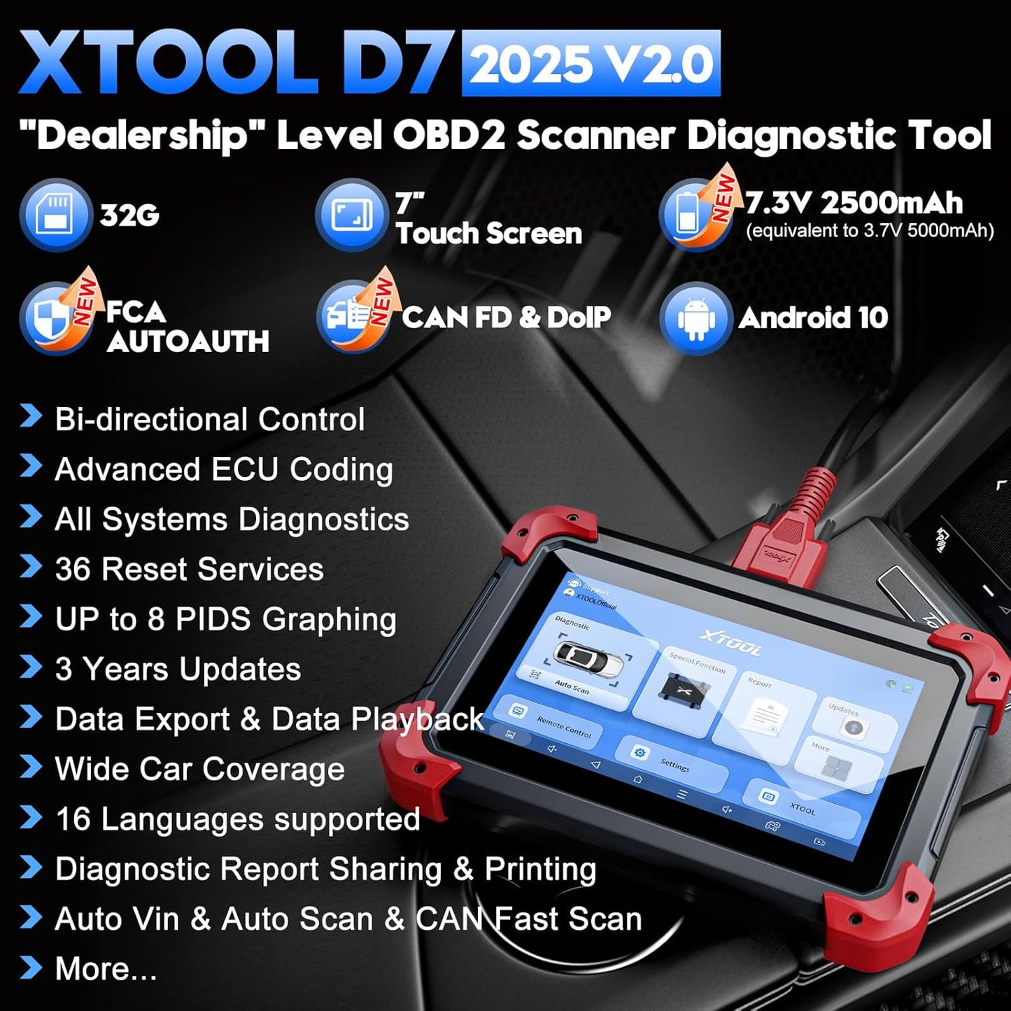 Xtool D7 OBD2 Scanner for All Cars – Full System Diagnostic, ECU Programming, Bi-Directional Control, 3-Year Free Update